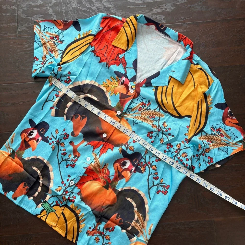 Funny Turkey Pilgrim Thanksgiving Button Down Hawaiian Style Shirt - Picture 6 of 9